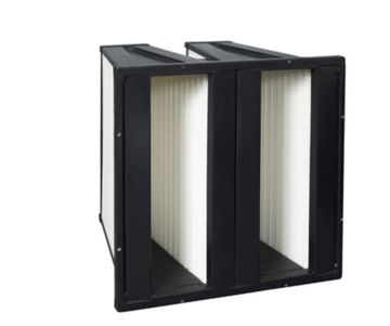 Dual-panel air filter with black frame and white pleated filter media.