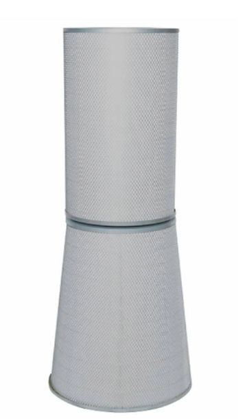 A tall, cylindrical metal air filter with a textured surface.