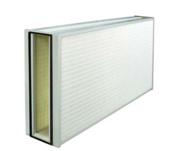 Rectangular air filter with white pleated surface and black frame.