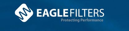 Logo of Eagle Filters with tagline Protecting Performance on blue background.