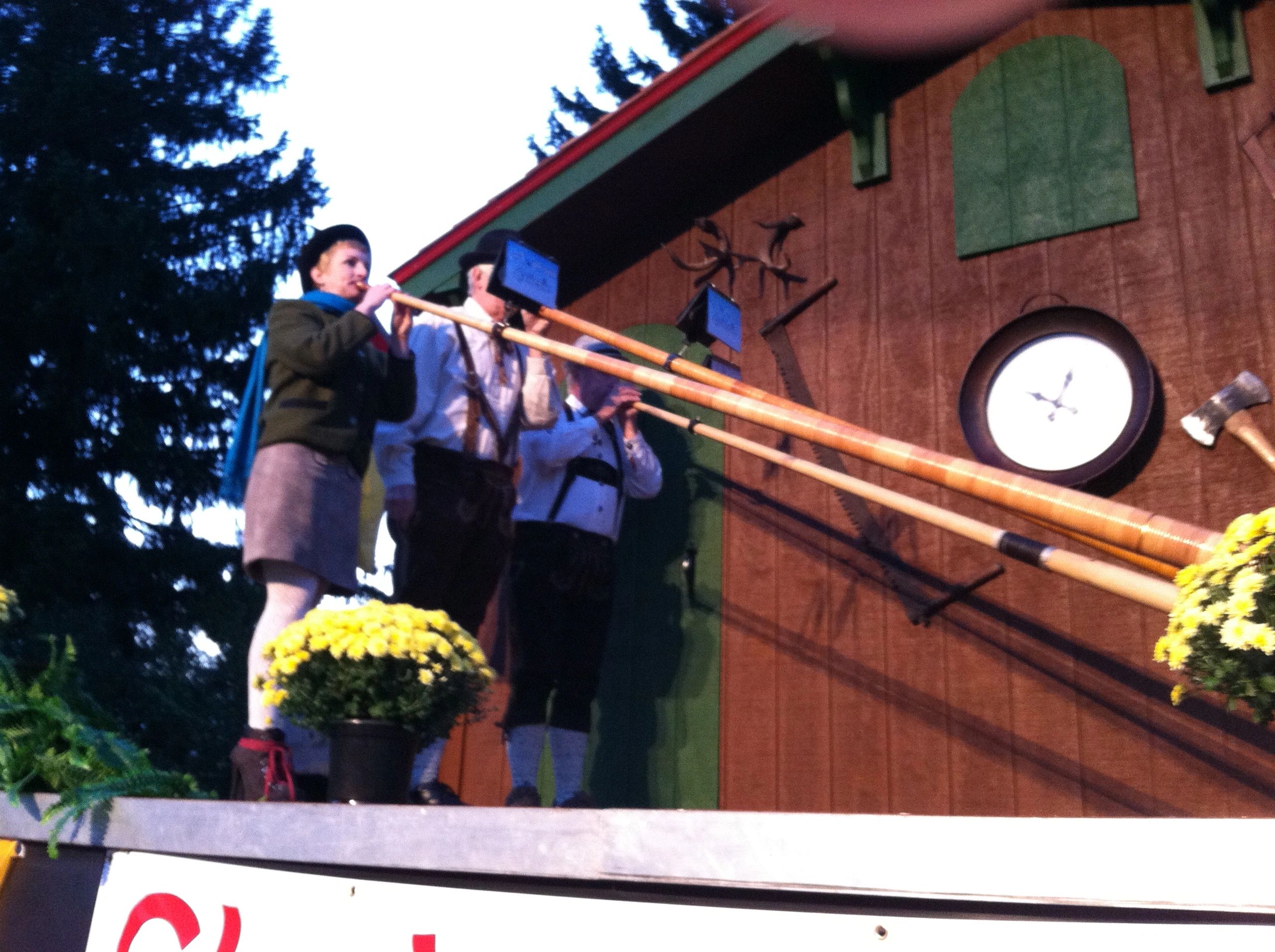 Three Alphorn players in front of cuckoo clock with yellow mums on stage on chilly day.