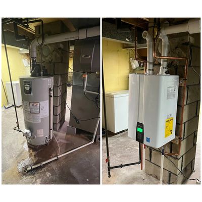 Before and after images of an old water heater replaced with a modern tankless water heater.