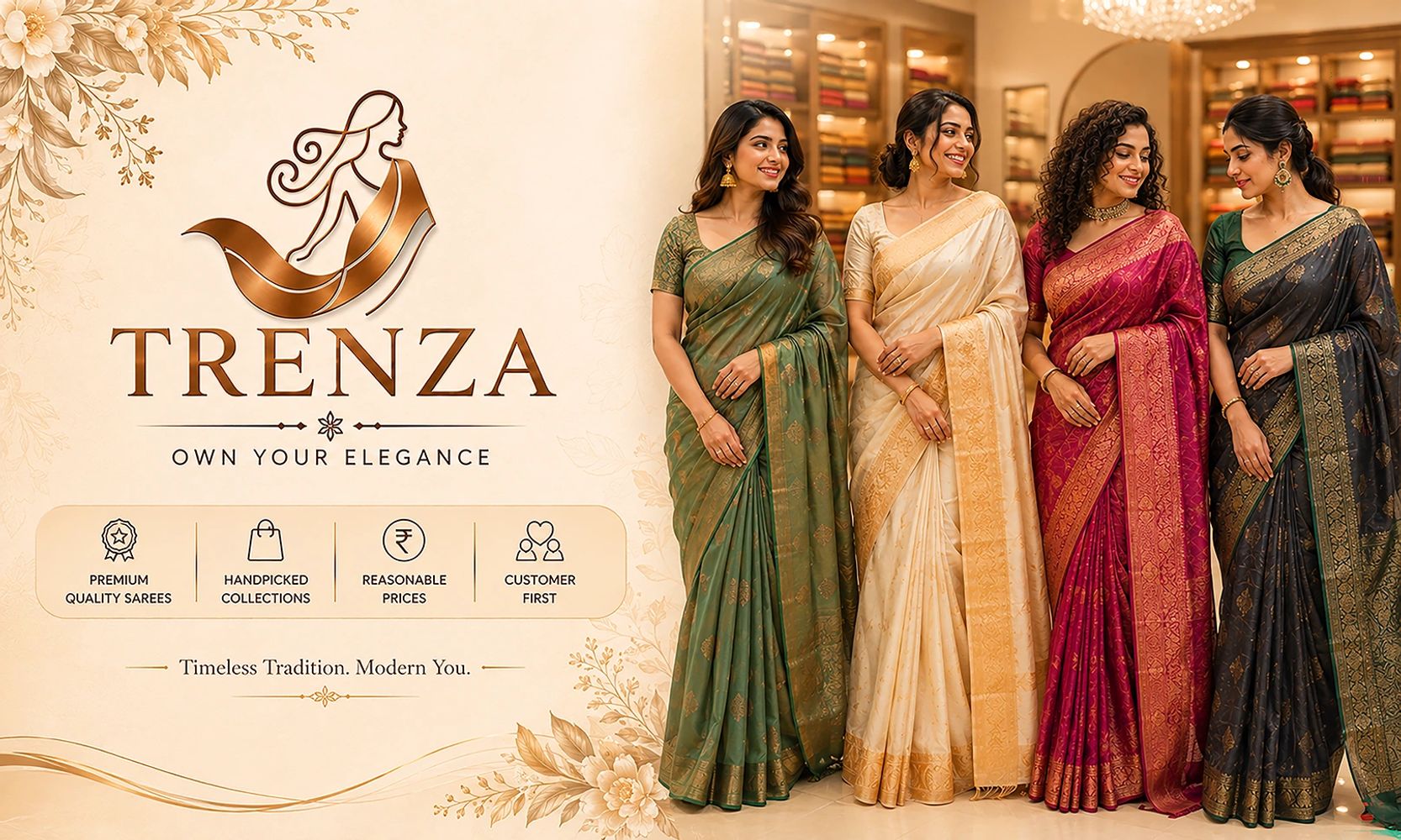 Four women showcasing elegant sarees from Trenza.