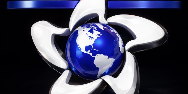 A stylized globe with white continents surrounded by white petal shapes on a black background.