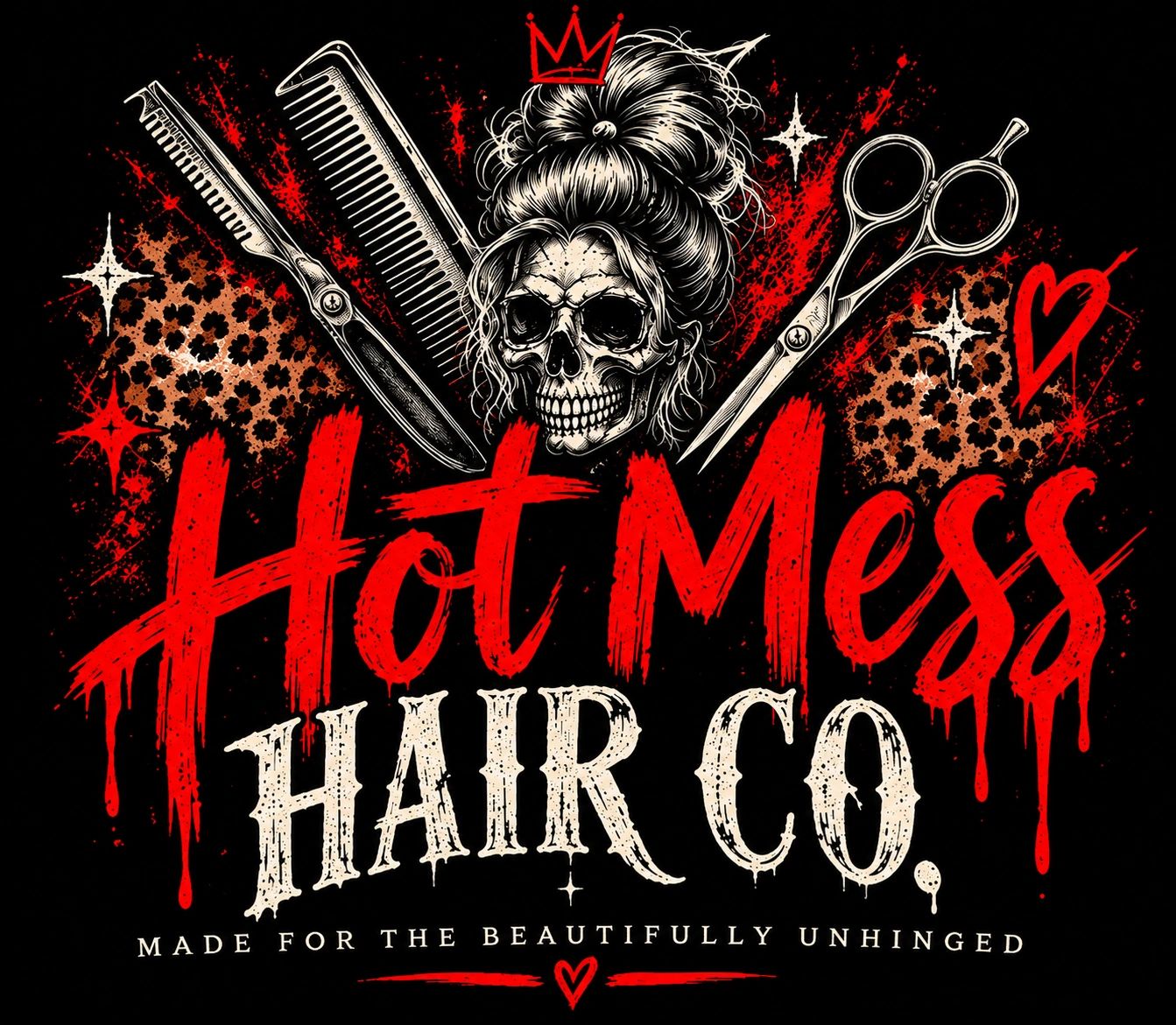 Dark edgy hair salon logo with skull and tools.