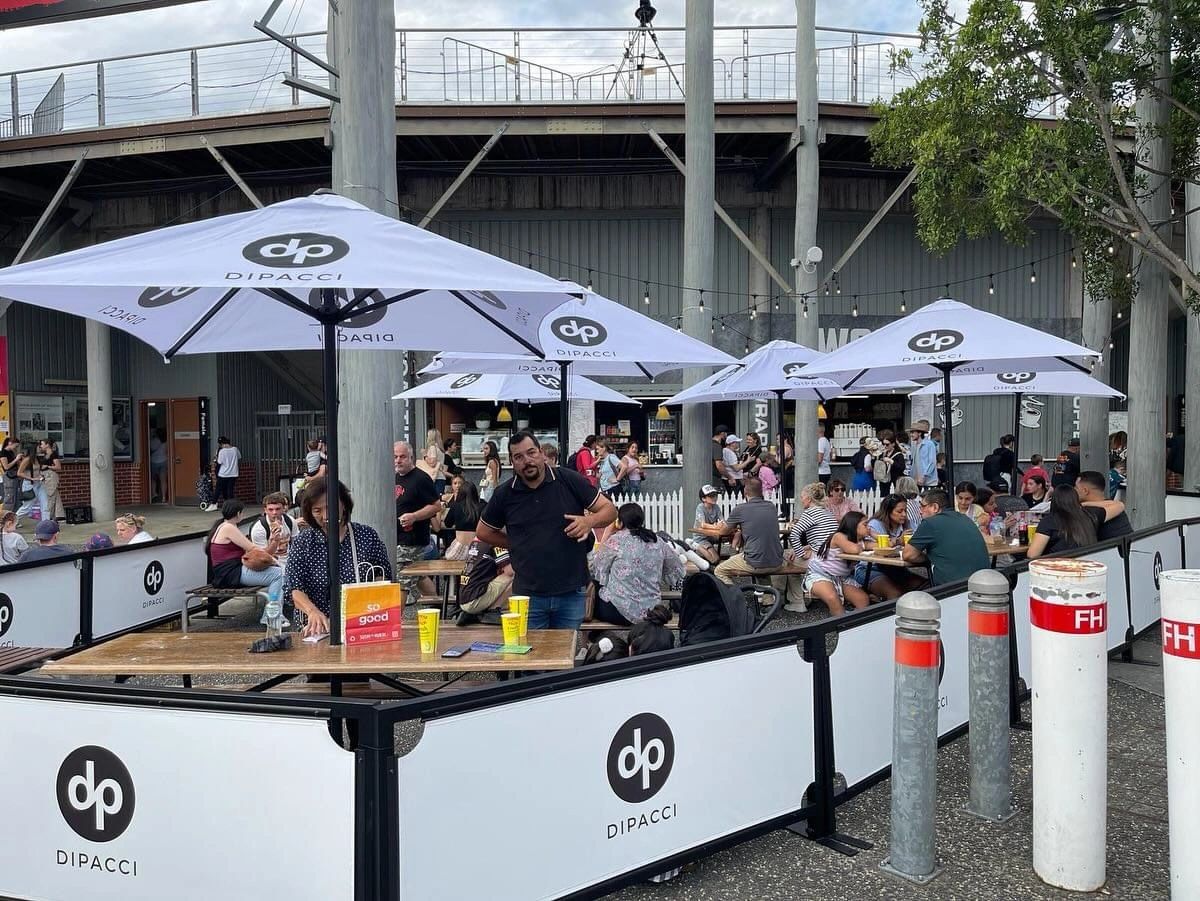 Custom cafe barriers and market umbrellas for coffee roasters, dp dipacci brand, the coffee club