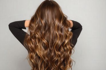 Long, wavy brown hair with highlights against a plain background.