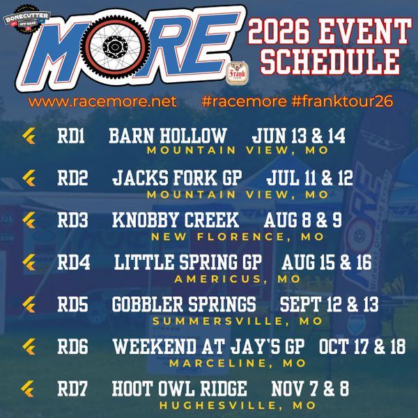 2026 MORE event schedule listing seven motocross races in Missouri.