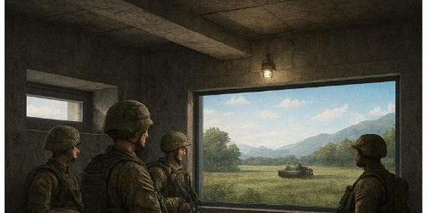 Soldiers observe outdoor activity from a large intrinsically safe Quist window.
