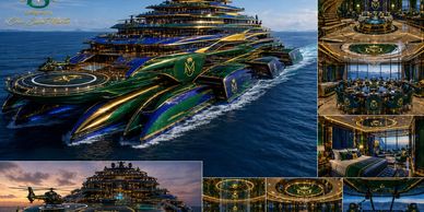 Luxurious multi-deck yacht with gold and green accents cruising on the ocean.
