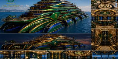 Luxurious futuristic yacht with green and gold accents docked by the sea.
