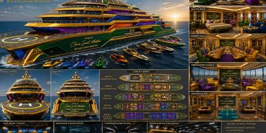 Luxurious yacht with detailed floor plans and elegant interiors under a sunset sky.