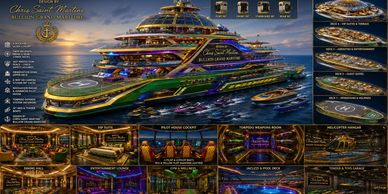 Luxurious, futuristic mega yacht with vibrant lighting and spacious decks for entertainment and leisure.
