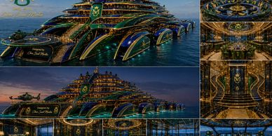 Luxurious futuristic yacht with intricate lighting and design on water at dusk.