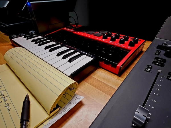 Music studio setup with keyboard, mixer, and notebook.