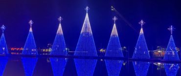 7 RGB Lighting Christmas Trees on lake in USA