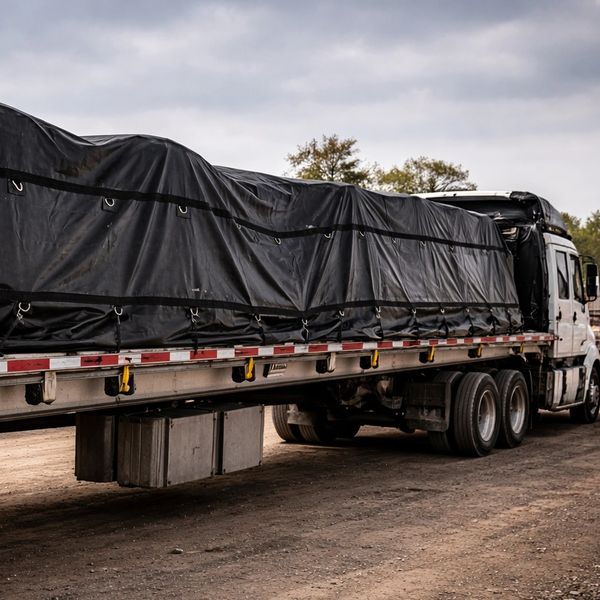 A large flatbed truck covered with a black tarp on a dirt road.