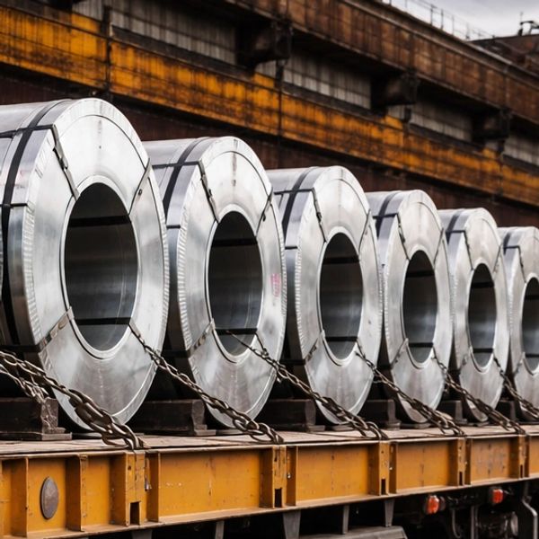 Large steel coils secured on a yellow industrial transport platform.