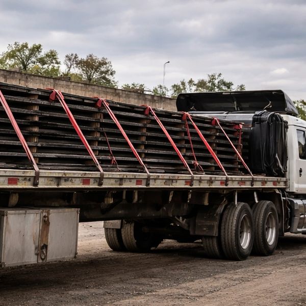 Flatbed truck carrying stacked metal sheets secured with red straps.