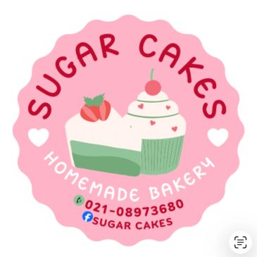 Pink logo for Sugar Cakes homemade bakery with cake and cupcake icons.