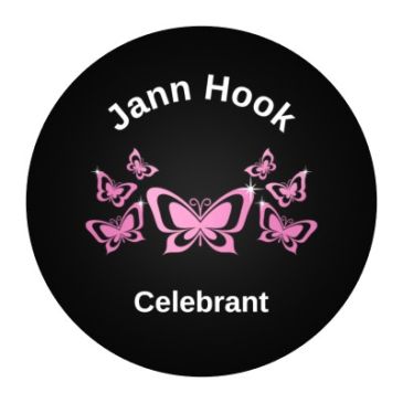 Logo with pink butterflies and the text 'Jann Hook Celebrant'.