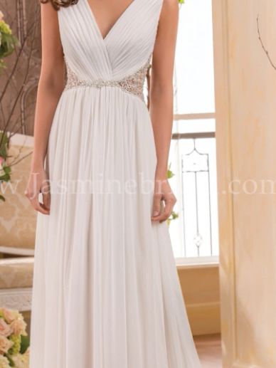 Elegant white sleeveless wedding dress with intricate waist details.