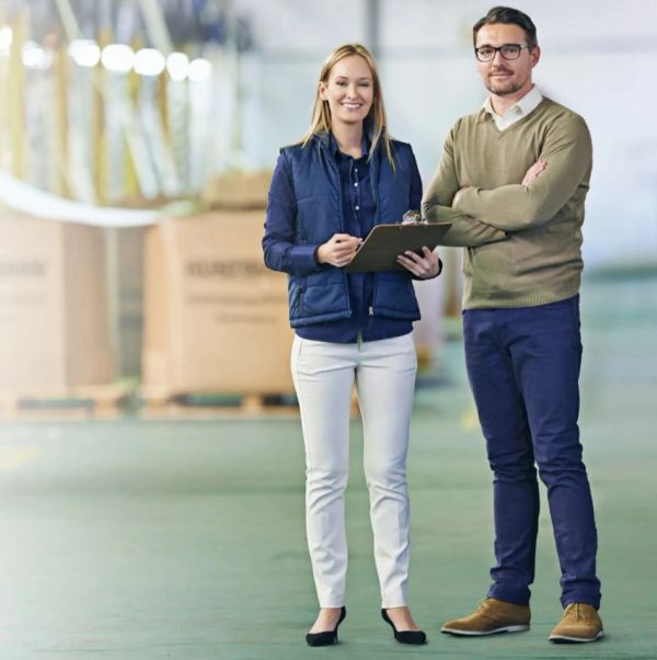 Two professionals standing in a warehouse, smiling and confident.