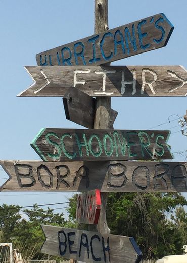 A whimsicial sign created by a local artist with local establishments and a sign for the beach.