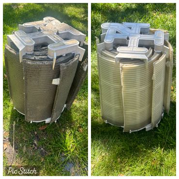 Side-by-side comparison of a heavily dirty and cleaned cylindrical filter outdoors.