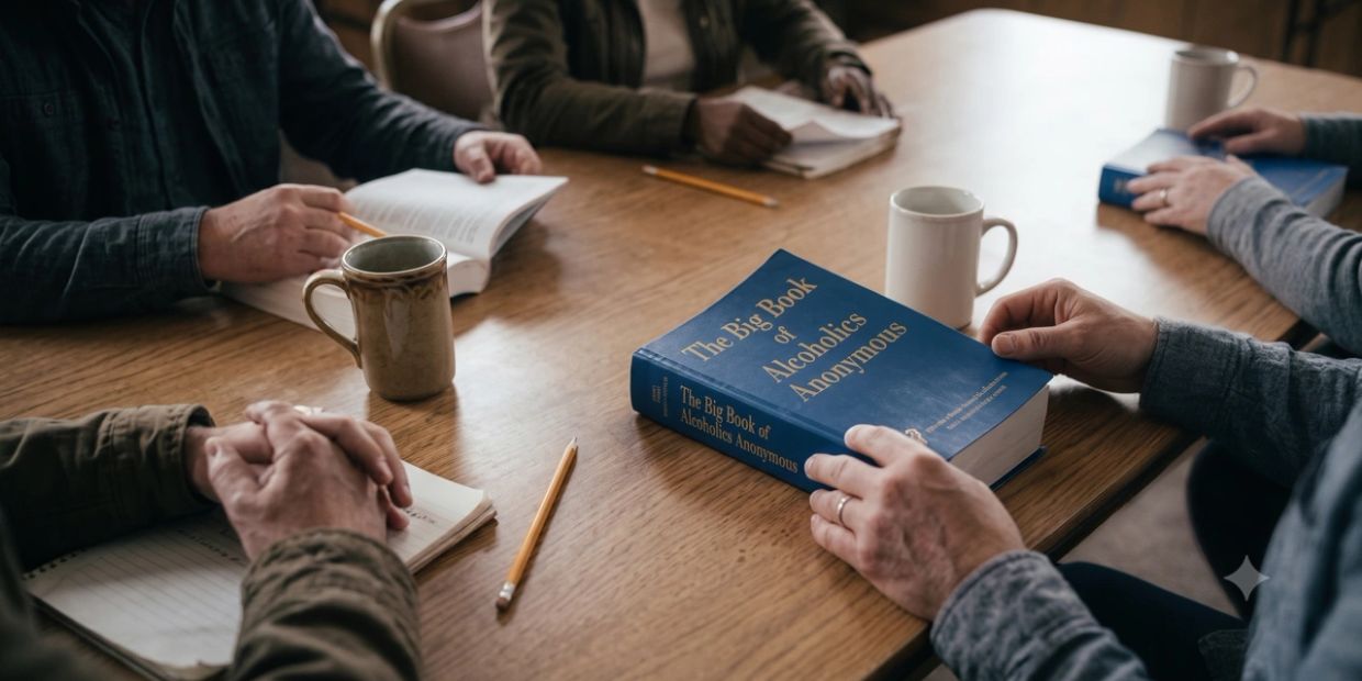 People reading and holding "The Big Book of Alcoholics Anonymous."