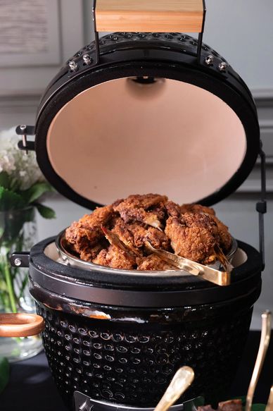 Fried chicken in a kamado grill.