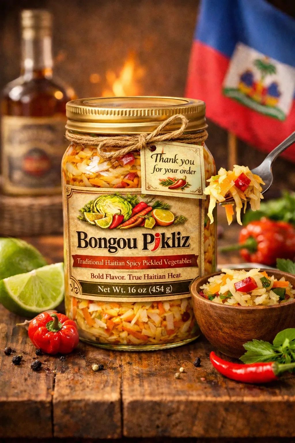 Jar of traditional Haitian spicy pickled vegetables with vibrant colors and a Haitian flag in the background.