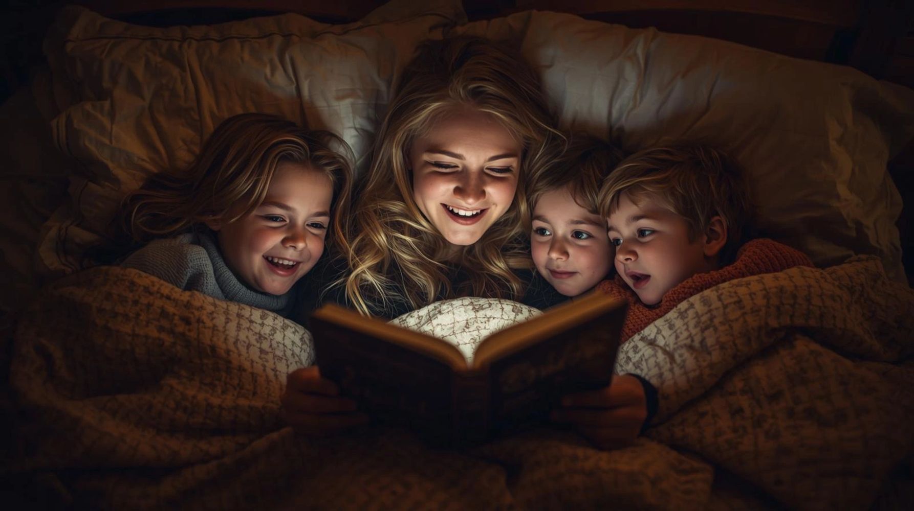 A woman reads a glowing book to three children under blankets at night.