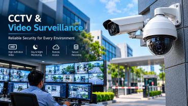 CCTV video surveillance setup with multiple screens and security cameras.