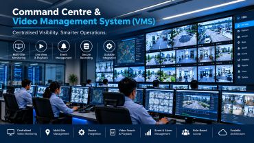 Command centre with multiple screens and video management system.