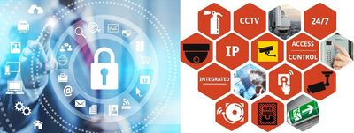 Digital and physical security concepts with cybersecurity and surveillance icons.