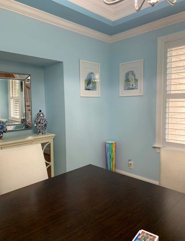 Watercolor art painting Egret and Blue Heron hanging on interior wall in beach home.