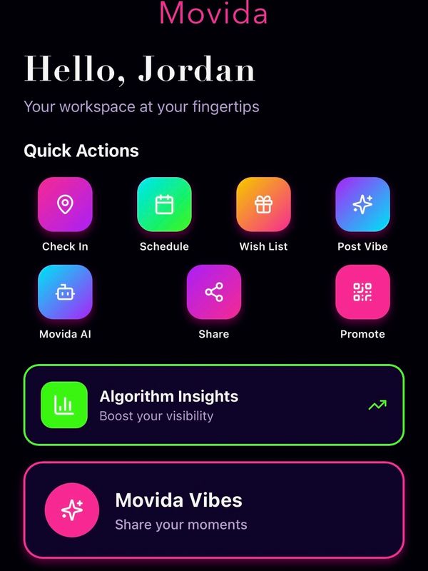 Movida app interface with personalized welcome and quick action icons.