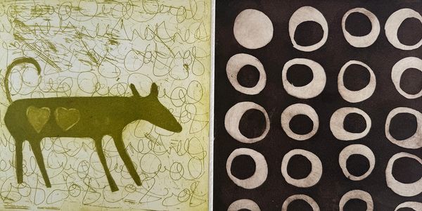 Abstract art with a green cow and heart shapes on left, circles on right.