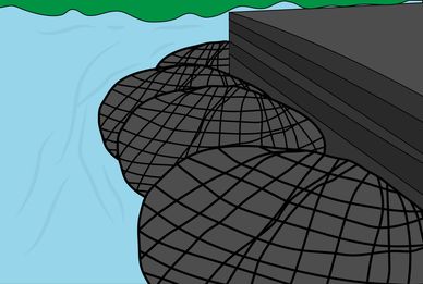rock bags protecting bridge or port foundation from erosion and scour