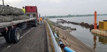 Texas Tuff Rock Bags transported to site after being filled in manufacturing like process