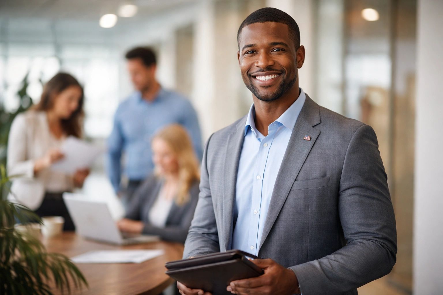 Confident businessman smiling in office with colleagues working in background.