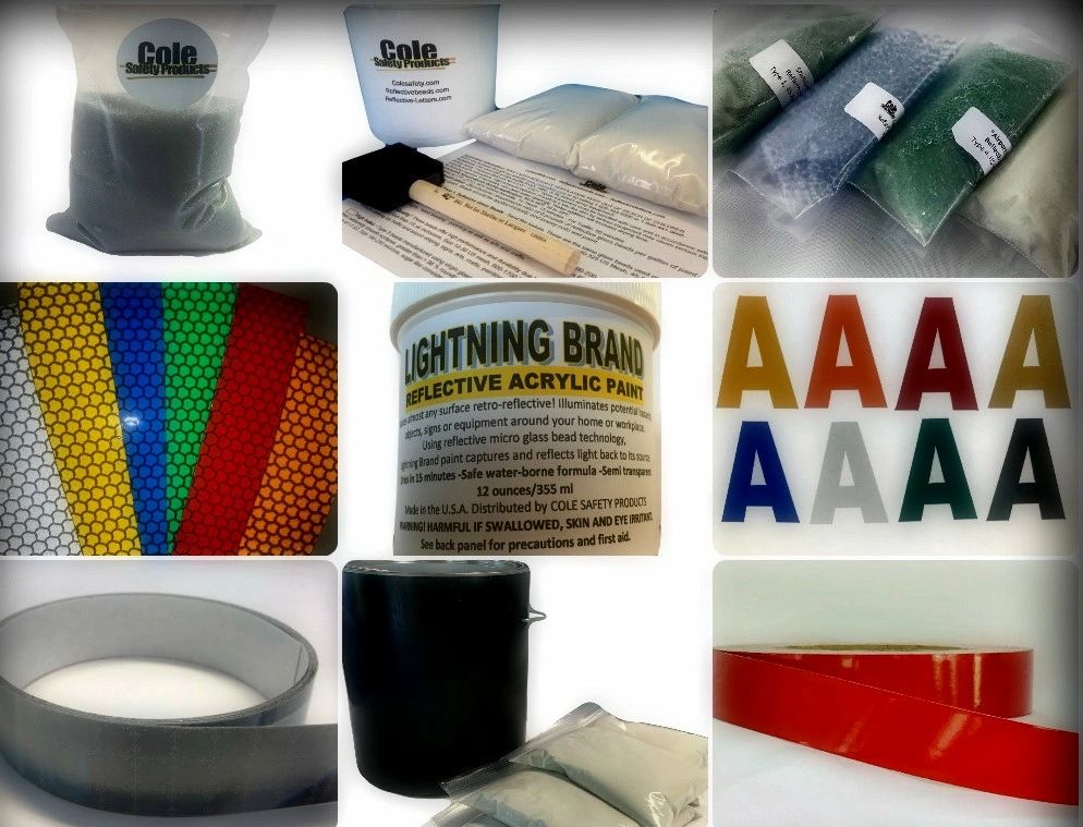 Cole Safety Products, Reflective Glass beads, Lightning Brand, Safety Tape, Reflective letters