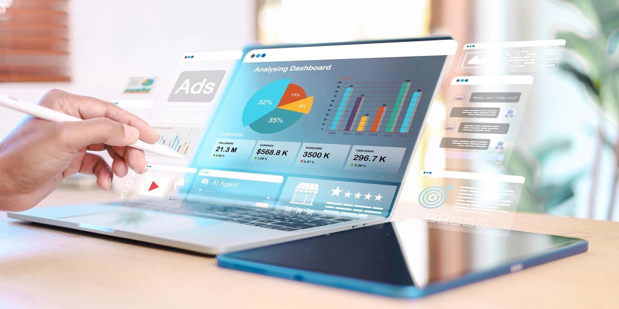 Hand interacting with futuristic digital marketing and analytics dashboard on laptop.
