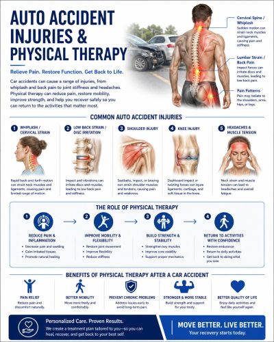 Infographic on auto accident injuries and physical therapy benefits.