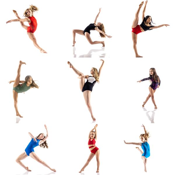 Nine dancers in colorful outfits performing various dynamic poses against white background.