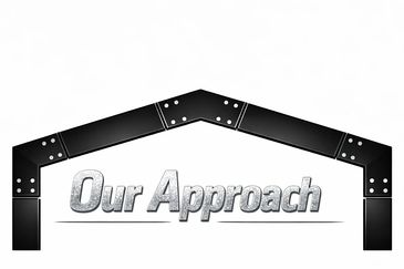 Metallic text 'Our Approach' under a black steel frame structure.