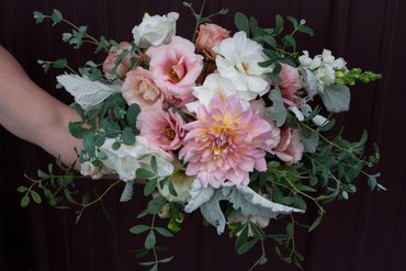 Bridal bouquet of local dahlias, lisianthus, and dusty miller—soft and romantic, pink and white
