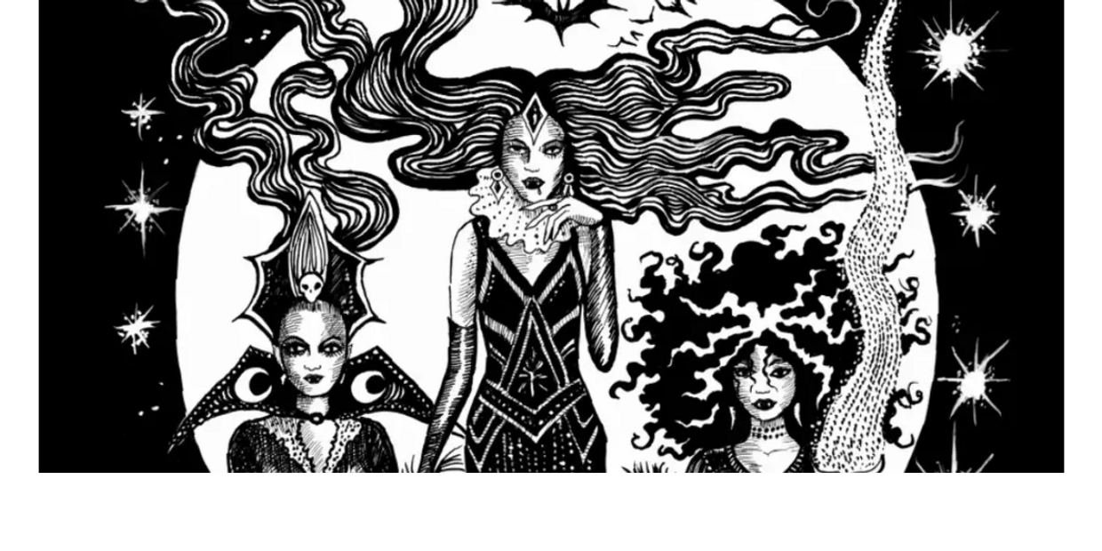 Illustration of three mystical women with flowing hair under the moon and stars.  Antigua Caribbean history.  The Soucouyant.