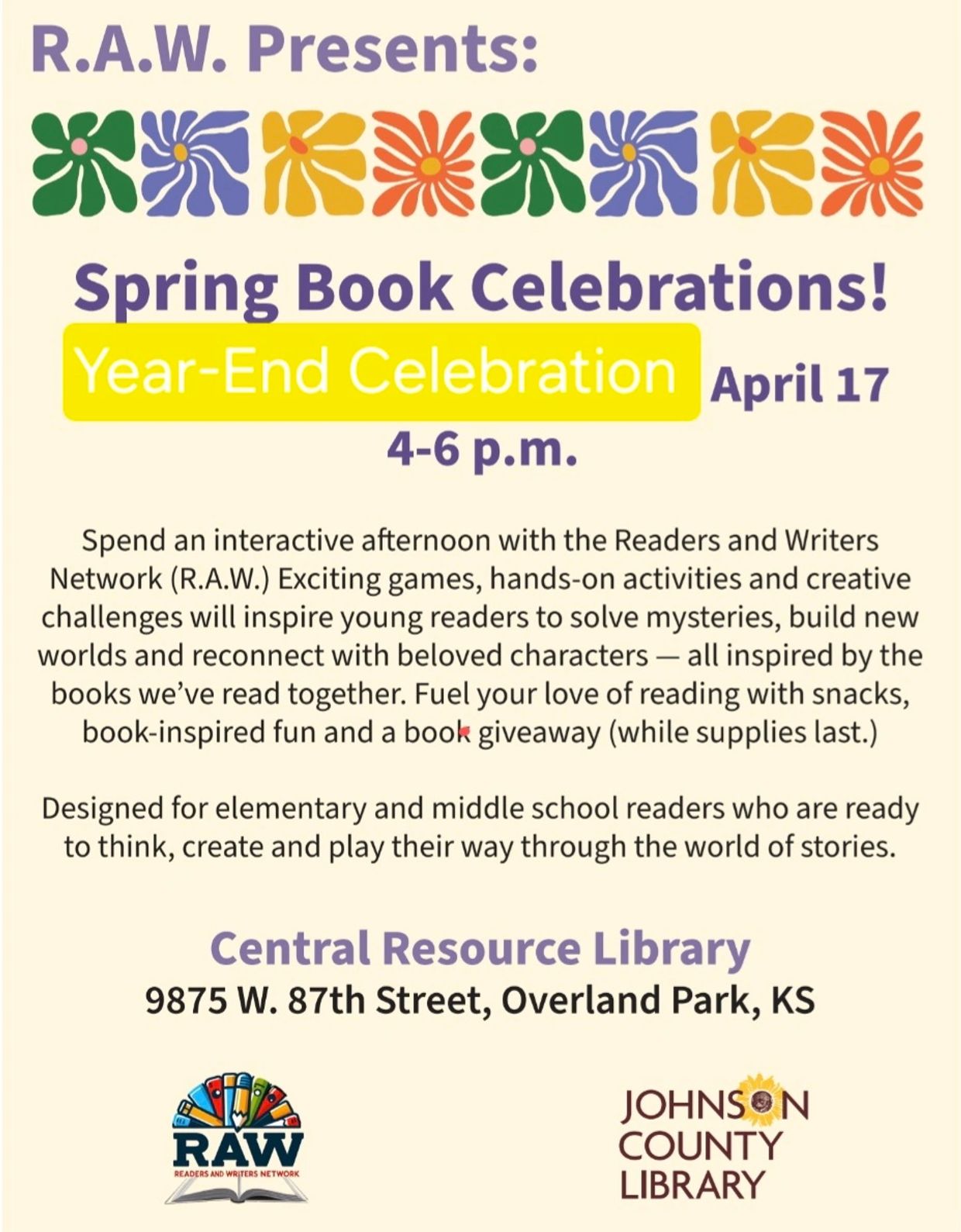 Friday, April 17
4 - 6PM at the
Johnson County Central Library
(9875 W. 87th; Overland Park, KS)